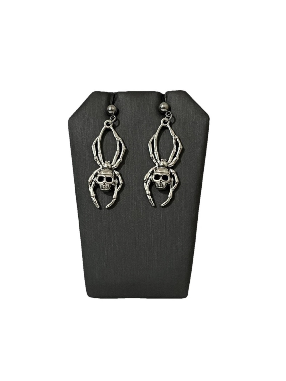 Gothic Silver Spider Skull Earrings Goth Arachnid Dangle Witchy Halloween Biker